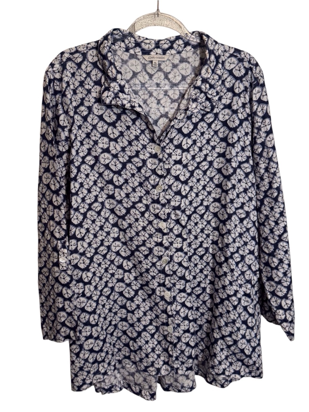 John Mark X-Large Linen Burst Pattern Top Button Up Tunic Artsy Lagenlook Blue
